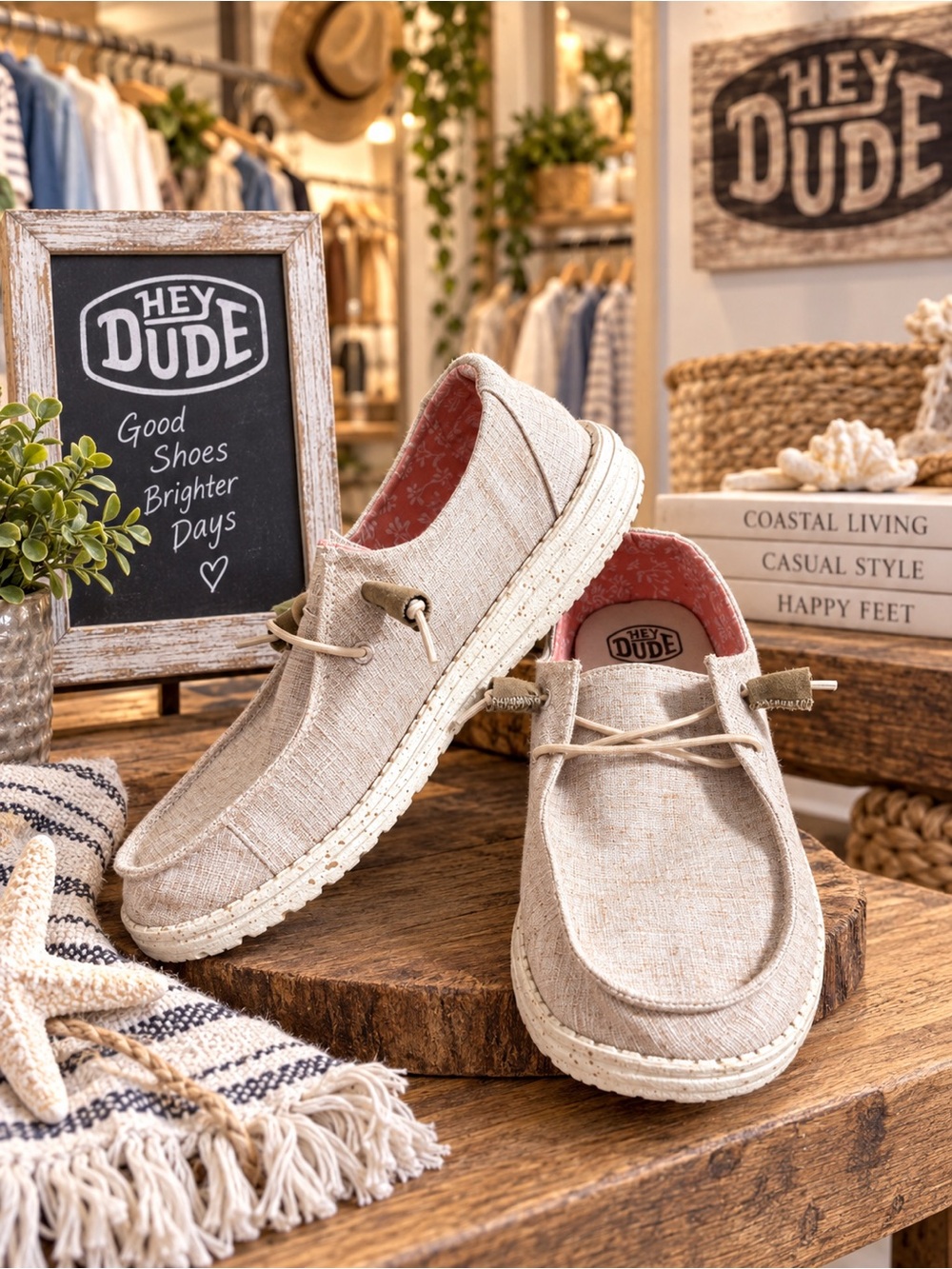 Hey Dude Women’s Linen Slip-On Loafers in Natural Beige with Coral Liner